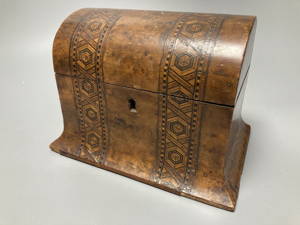 An Edwardian inlaid mahogany writing box, with hinged folding slope and fittings, 29cm, and a Victorian walnut and parquetry tea caddy,